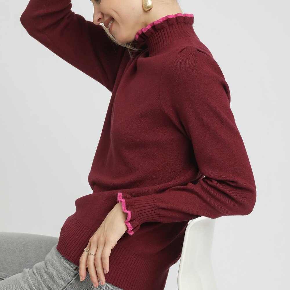 Umgee Ribbed Round Neck Sweater with Ruffle Contrast Trim - Picture 4 of 6